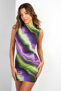 Boohoo Abstract Slinky High Neck Mini Dress, Purple