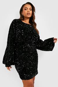 Boohoo Plus Oversized Glitter Mini Jurk Met Shirtmouwen En Pailletten, Black