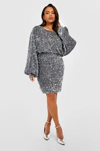 Boohoo Plus Oversized Glitter Mini Jurk Met Shirtmouwen En Pailletten, Silver