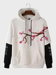 ChArmkpR Mens Japanese Cherry Blossoms Print Patchwork Kangaroo Pocket Hoodies