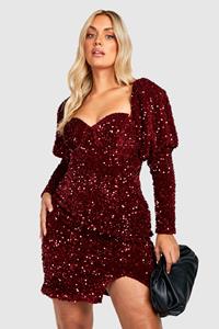 Boohoo Plus Glitter Mini Jurk Met Pailletten En Pofmouwen, Berry