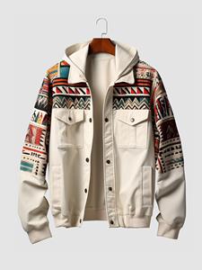ChArmkpR Mens Ethnic Geometric Print Patchwork Button Front Hooded Jacket