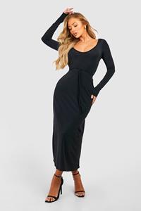 Boohoo Matte Strakke Premium Midaxi Jurk Met Ceintuur En Lage Ronde Hals, Black