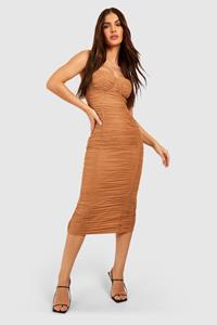 Boohoo Gedrapeerde Mesh Bodycon Jurk Met Korset Detail, Tan