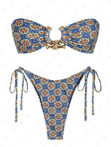 Zaful Floral Print O Ring Metal Decor Bandeau Lace Up Tie Side High Leg Tanga Bikini Set