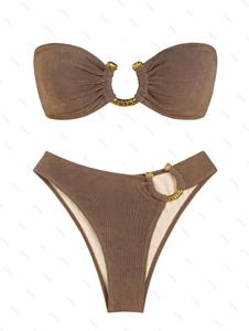 Zaful Metal O Ring Decor Solid Color Bandeau Ruched Lace Up Back Cheeky High Cut Bikini Set