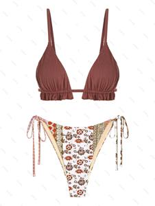 Zaful Women's Mix and Match Ruffles Textured String Triangle Boho Ethnic Floral Print Tie Side Tanga Bikini Set Swimwear
