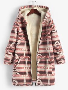 Zaful Women's Ethnic Style Tribal Geo Aztec Printed Thermal Fleece Lined Pockets Hooded Zip Up Longline Coat