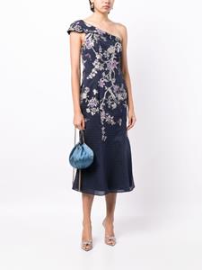 Marchesa Notte one-shoulder floral-jacquard midi dress - Blauw