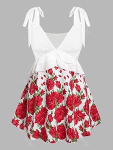 Rosegal Plus Size & Curve Tie Shoulder Floral Print Plunge Tank Top