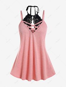 Rosegal Plus Size Lace Panel Crisscross Strappy Cami Top