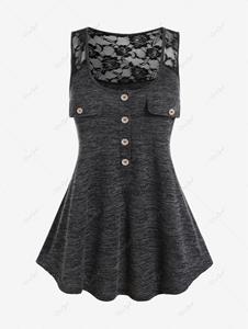 Rosegal Plus Size Space Dye Lace Panel Buttoned Sleeveless Top