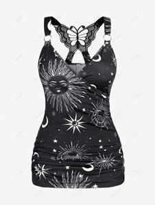 Rosegal Plus Size Surplice Ruched Hollow Out Butterfly Crisscross Sun Moon Star Print Tank Top