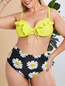 Rosegal Plus Size Flower Ruffle Tie Underwire High Waisted Bikini Swimwear