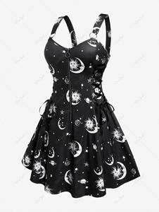 Rosegal Plus Size Half Zipper Backless Moon Sun Printed Lace Up A Line Dress