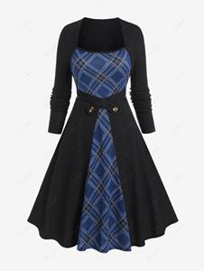 Rosegal Plus Size Plaid Ribbed Colorblock Long Sleeves Knitted A Line Dress