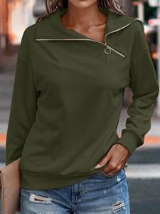 ZANZEA Women Solid Irregular Zip Neck Long Sleeve Pullover Sweatshirt