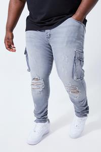 Boohoo Plus Stretch Cargo Skinny Jeans Met Drukknoopjes, Mid Grey
