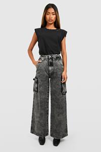 Boohoo High Rise Cargo Jeans, Washed Black