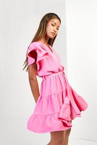 Boohoo Mini Skater Jurk Met Ceintuur En Franjes, Pink