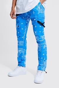 Boohoo Slim Fit Bandana Print Cargo Broek Met Elastische Taille, Blue