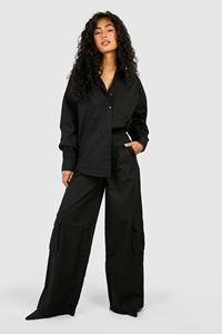 Boohoo Baggy Keperstof Cargo Wide Leg Broek, Black