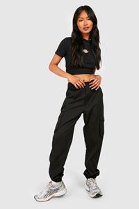 Boohoo Keperstof Cargo Joggingbroek Met Hoge Taille, Black