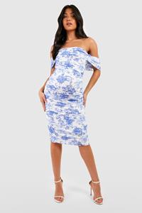 Boohoo Zwangerschap Geplooide Porselein Print Mesh Off Shoulder Midi Jurk, Blue