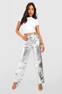 Boohoo Petite Metallic Zilveren High Rise Jeans Met Pu Coating En Rechte Pijpen, Silver