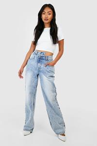 Boohoo Acid Wash Gebleekte Jeans Met Asymmetrische Tailleband En Rechte Pijpen, Acid Wash Light Blue