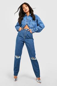 Boohoo Petite Gescheurde Jeans Met Hoge Taille, Mid Blue