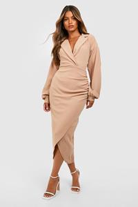 Boohoo Crêpe Midaxi Wikkelblouse Jurk Met Volle Mouwen, Camel