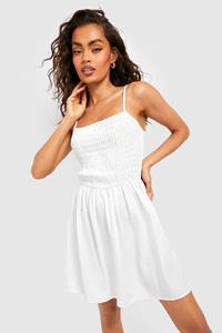 Boohoo Chambray Mini Jurk Met Geplooide Buste, White