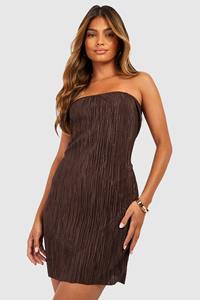 Boohoo Plisse Strapless Mini Jurk, Chocolate