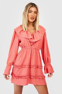 Boohoo Skater Zonnejurk Met Textuur En Ruches, Coral