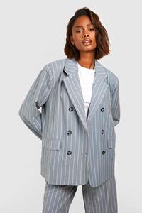 Boohoo Oversized Getailleerde Premium Blazer Met Krijtstrepen, Grey