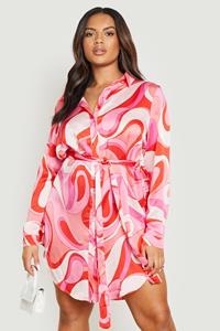 Boohoo Plus Blouse Jurk Met Abstracte Print, Pink