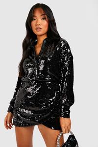 Boohoo Petite Glitter Blouse Jurk Met Pailletten, Black