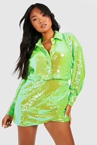 Boohoo Petite Glitter Blouse Jurk Met Pailletten, Lime