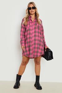 Boohoo Plus Geborstelde Geruite Blouse Jurk, Pink