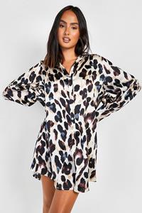 Boohoo Oversized Luipaardprint Blouse Jurk, Brown