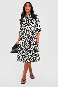 Boohoo Plus Blouse Jurk Met Monochrome Print En Ceintuur, Black