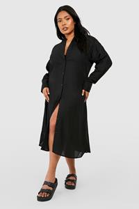 Boohoo Plus Linnen Midi Blouse Jurk, Black