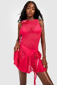 Rozen Corsage Mini Strand Jurk Met Ruches, Fuchsia