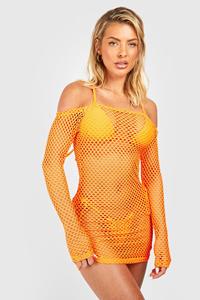 Boohoo Fishnet Off Shoulder Strand Cover Up Mini Jurk, Orange