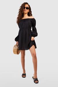 Boohoo Linnen Off Shoulder Mini Strand Jurk Met Grote Mouwen, Black