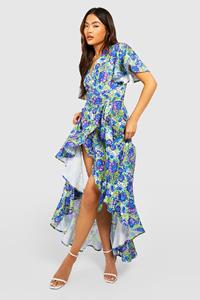 Boohoo Bloemen Maxi Wikkel Jurk Met Engelenmouwen, Green