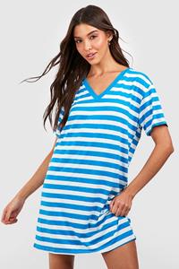 Boohoo Oversized Gestreepte T-Shirt Strand Jurk Met V-Hals, Blue