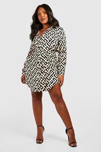 Boohoo Plus Monochrome Blouse Jurk Met Print, Black