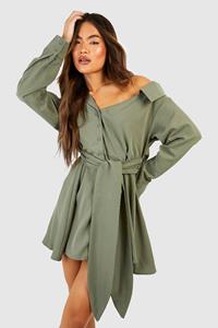 Boohoo Asymmetrische Poplin Blouse Jurk Met Ceintuur, Khaki